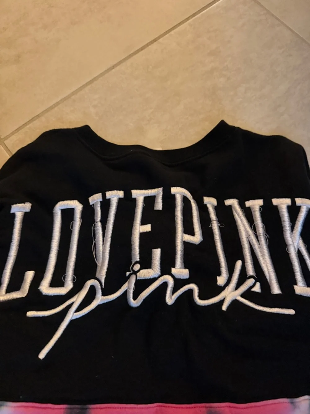 PINK Victoria's Secret Black Sweatshirt with Pink & Gray Tie-Dye Hem - Picture 2 of 4